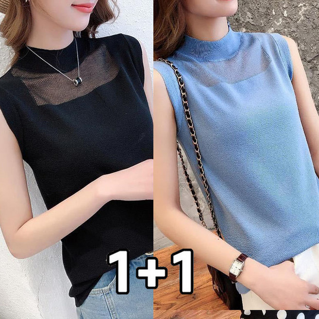 FANSYLI 1+1 기본 니트 여성 여름 얇은 냉감 민소매티 반폴라 스판 슬림티 솔리드 심플 오피스티 2종 세트 X2506J6