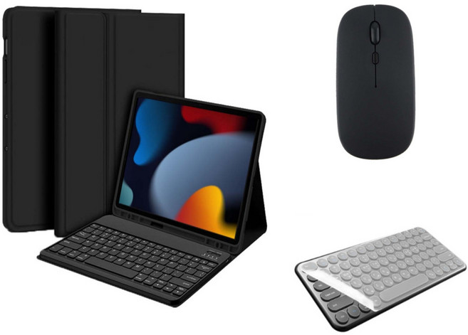 아이패드 호환 에어 프로 미니 1/2/3/4/5/6/7/8/9/10 세대 M2 M4 펜슬 수납 블루투스 키보드 케이스 무선 마우스 세트 iPad Pro Air Mini 케이스나라, 블랙