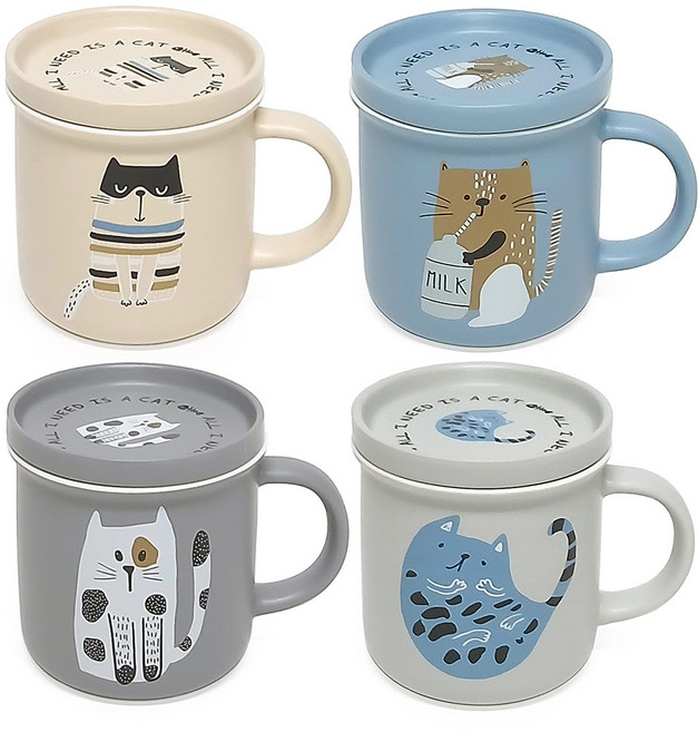 토탈하우스 4컬러한세트 고양이 뚜껑 머그컵 400m 도자기 쌓을수있는 귀여운 애니멀 머그잔 찻잔 커피 컵 고양이컵 고양이머그, 1개