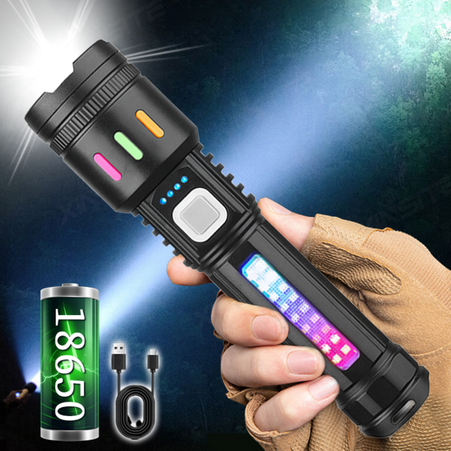 Giilight 초강력 led 손전등 줌 충전식 후레쉬 + COB 사이드 라이트, 블랙, 1개