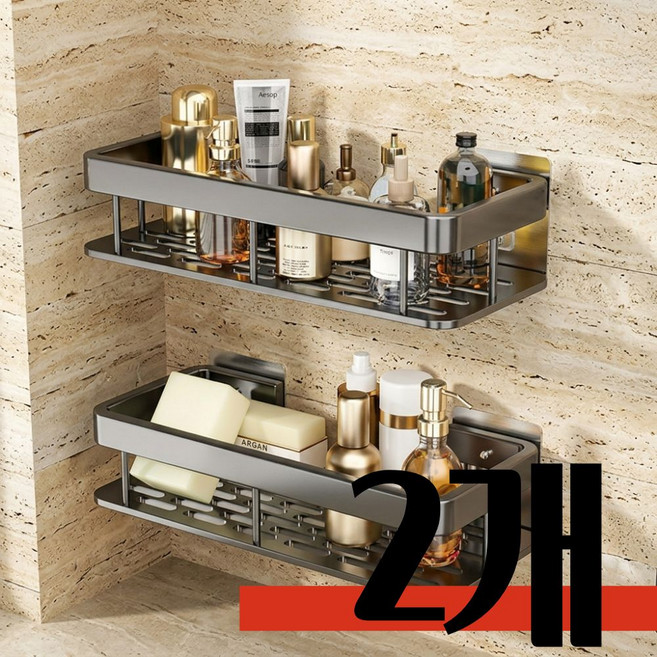 온디즈 강력 접착 무타공 욕실 선반 벽걸이 정리대, 블랙, 2개