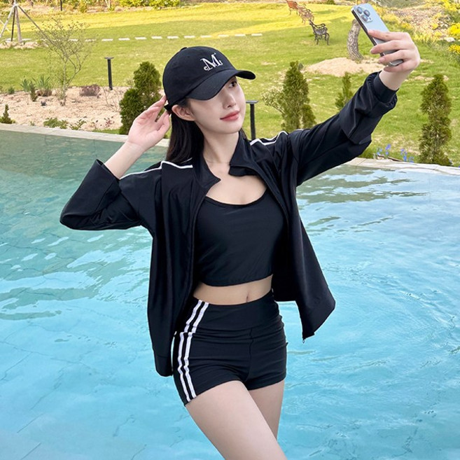 여성 래쉬가드 3종세트 루즈핏 집업 크롭탑 반바지 수영복 체형커버 빅사이즈 비치웨어 썸머트랙, 블랙