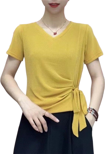 브이넥 티셔츠 리본 스판 반팔 상의 라인 댄스복