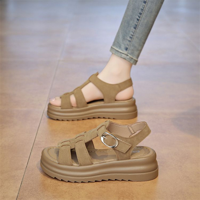 厚底博肯涼鞋女款羅馬鞋, 23.5 cm, 卡其色