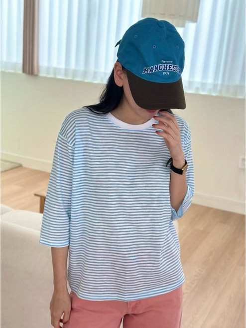 韓國 新款 彩色細條紋七分袖, 黑