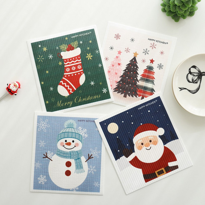 [선물포장] 셀룰로오스 항균 99.9% 디자인행주 독일 스웨덴 면 주방 크리스마스 4종 세트, 1세트