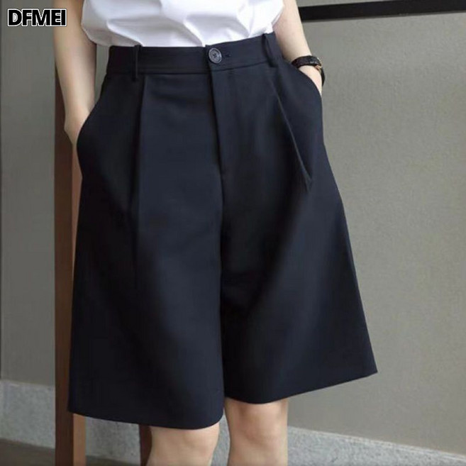 DFMEI 五分褲女西裝春夏寬鬆顯瘦垂感高腰休閒闊腿褲短褲a字5分褲中褲