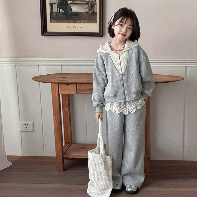 UPPERCUT 여아 레이스 후드 상하복 상의+하의 세트 봄가을 캐주얼 상하복