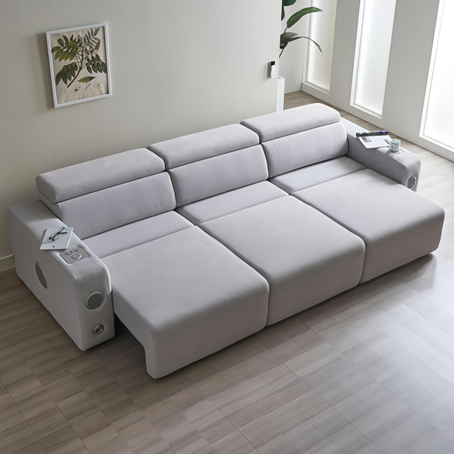 [에보니아] 알렉스 전동 슬라이딩 확장형 4인용쇼파 아쿠아스웨이드 (리클라이너 모션소파/고급형/스피커), 라이트그레이