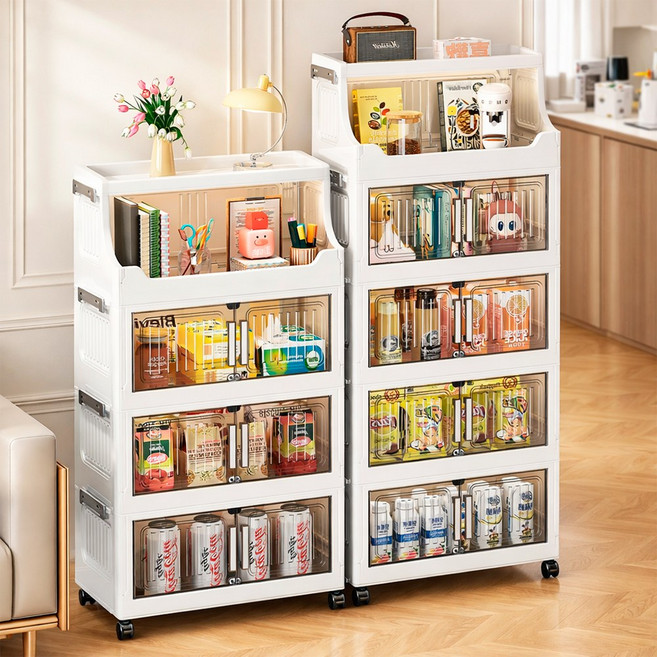 접이식 이동식 수납선반 다층 정리대 바퀴달린 플라스틱 수납장 장난감 주방 거실 정리함 2단 3단 4단, 흰색