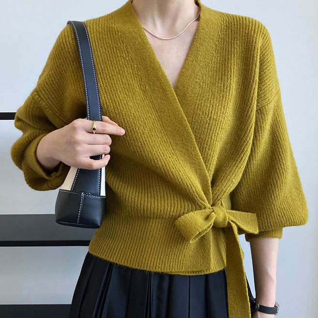 여성 도톰 소프트 언발 벌룬 소매 리본 매듭 데일리 니트 오버핏 루즈핏 벌룬리본랩니트