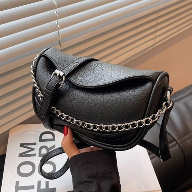 OUBASHA 餃子包 PU皮質簡約鏈條側背包, 黑色, 黑色