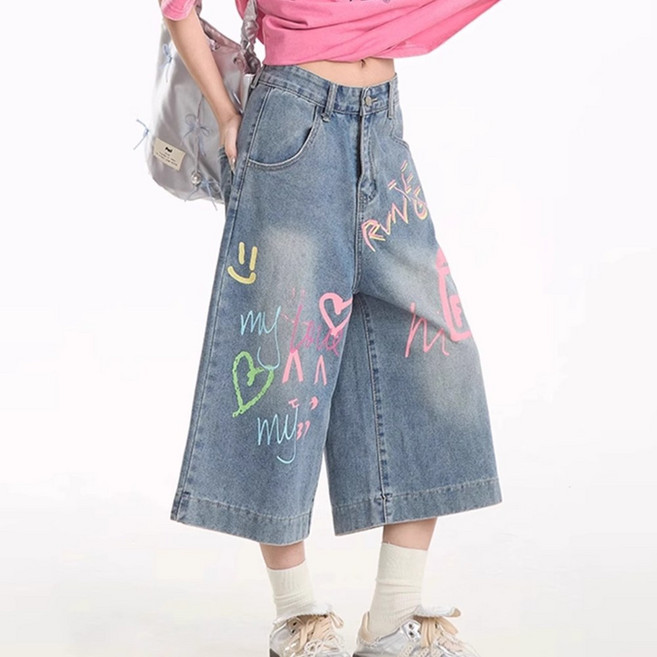 플랜앤유 여자 여름 빅사이즈 와이드 데님 레트로 7부 버뮤다 청바지