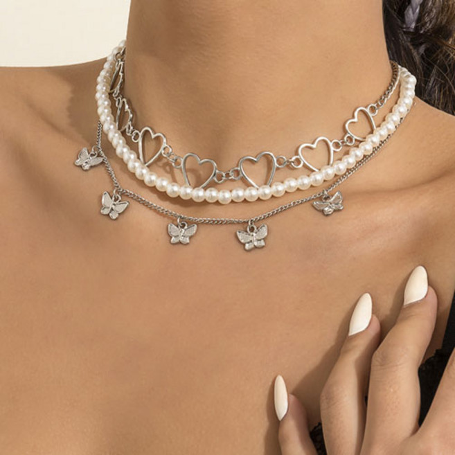 여성 하트 나비 진주 레이어드 목걸이 3종 세트 A1116