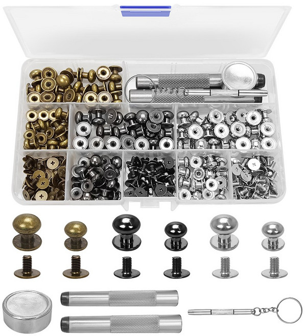 120 세트 둥근 머리 단추 스터드 솔리드 황동 리벳 단추 가죽 공예 네일 리벳 벨트 지갑 청바지 슬롯 도구 (단추 및 나사 포함) 용, 8mm 및 10mm, 1개