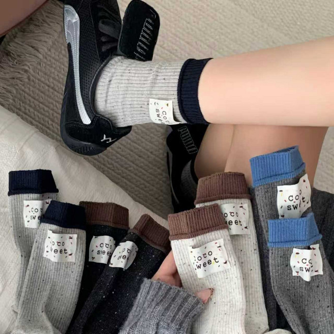 Banjiwu 여성 레터링 겨울 양말 통기성 편안함 겨울 도톰한 양말 중목 양말 중목 양말 장목 양말 패션 순면 양말 5족 세트