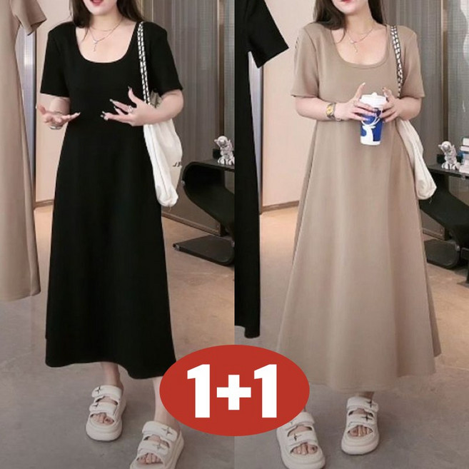 (신상 추천) 150kg까지 1+1 빅사이즈 여성 냉장고 시원한 스퀘어넥 반팔 원피스 여름 편한 미니멀 u넥 단아한 예쁜 실루엣 에어리 오버핏 날씬해보이는 무지 롱 플레어 원피스