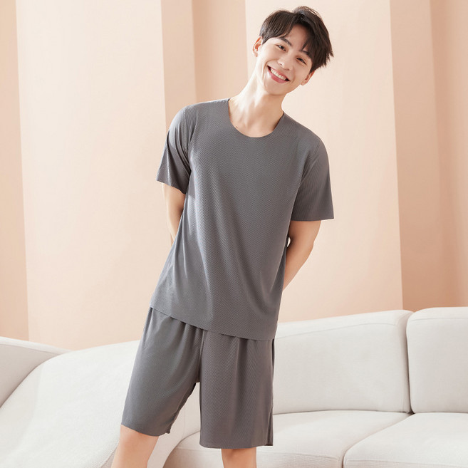 無痕情侶睡衣 夏季冰絲涼感短袖圓領男女家居服套裝