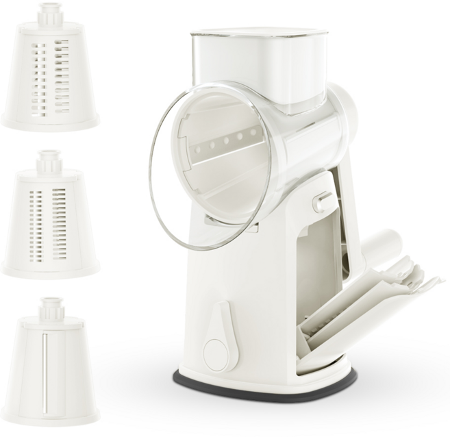 EVOKME 수납형 멀티 야채슬라이서 3in1 다용도 회전채칼 세트 당근 채써는기계 오이채썰기 감자 롤슬라이스 수동 대용량 가정용, 1세트, 화이트