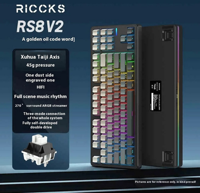 단축키보드 단축 무소음 전문가용 Riccks RS8 V2 무선 게임용 기계식 키보드 Bluetooth 2.4G 유선 8000mAh RGB 핫스왑 지원 pc 게이머 용 QMKVI, RS8V2 Dust 4000mAh T