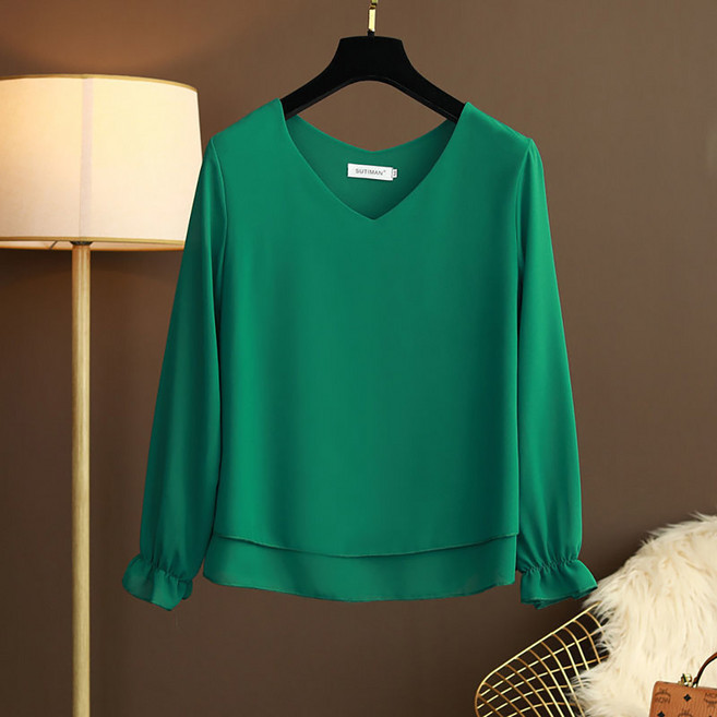 ROYALBELLE 여성 브이넥 긴팔 루즈핏 군살커버 얇은 단색 데일리 쉬폰 블라우스 K052412