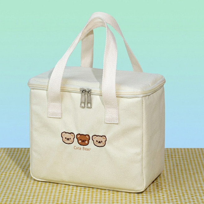 키덕키덕 곰돌이 보온보냉백 도시락 가방 피크닉 런치백 방수 캔버스 아이스백, 베이지, 1개