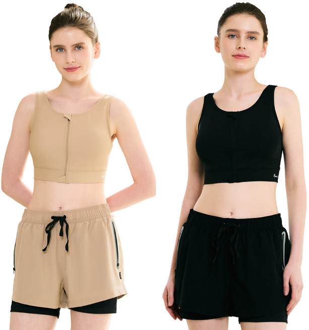 베이직엘르 숏 레이어드 레깅스 지퍼 포인트 비치반바지 BEL-Y212, 블랙