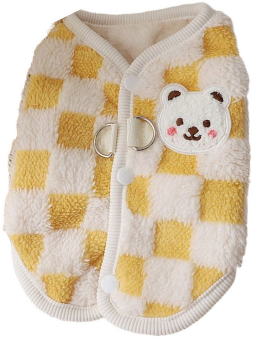 온리코 강아지 옷 곰돌이 패치체크 양털 조끼, 1개, 엘로우
