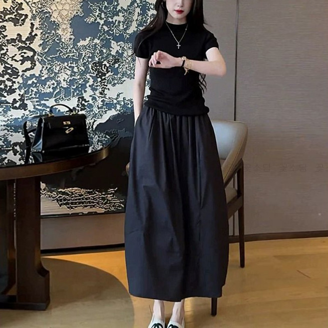 꽃소담 여성 빅사이즈 벌룬 밴딩 a라인 플레어 롱 스커트 데일리룩 A-L26A148