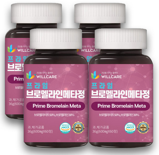 윌케어 프라임 브로멜라인 메타정 퀘르세틴 분해 효소 HACCP 식약처인증 600mg, 4개, 60정