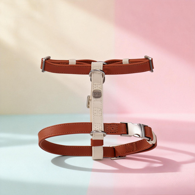 Omid 강아지 하네스 가슴줄 앞섬방지 H형 중소형견용, 브라운베이지 배색 (하네스), 1개