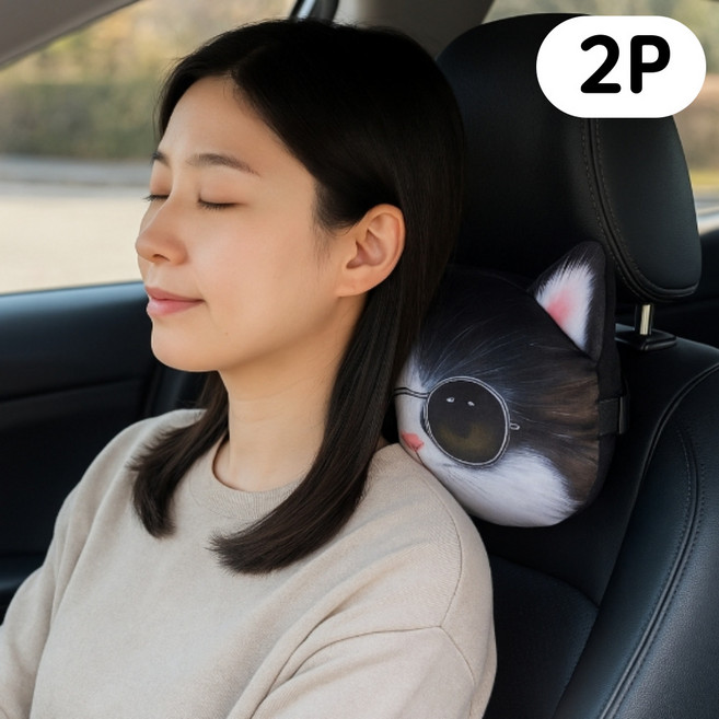 노바리스 귀여운 헤드레스트 차량용 목쿠션, 2개, 고양이