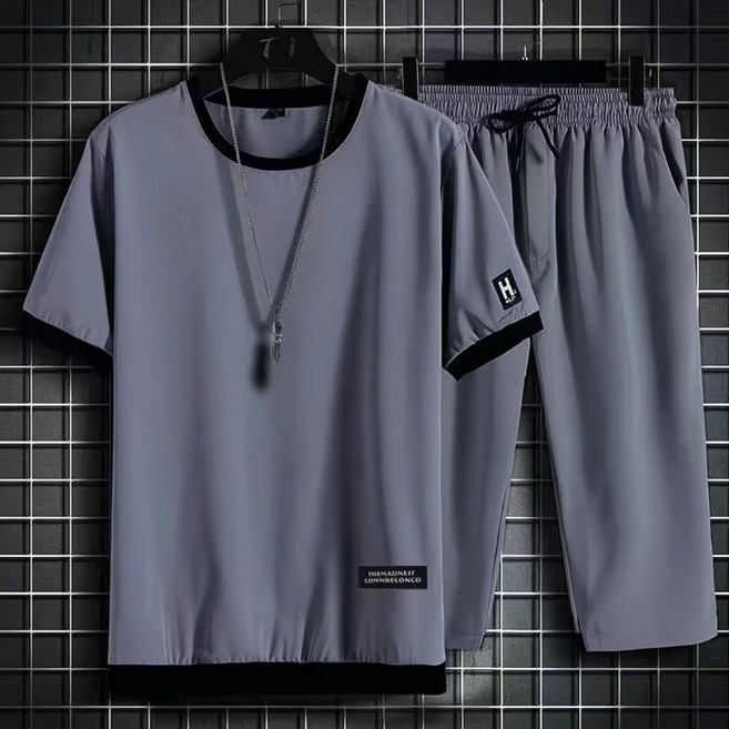 AREVI여름 남성 트레이닝복 세트 심플 초슬림 통기성 쿨감 캐주얼 빅사이즈 라운드 라운드넥 반팔 7부 바지 세트