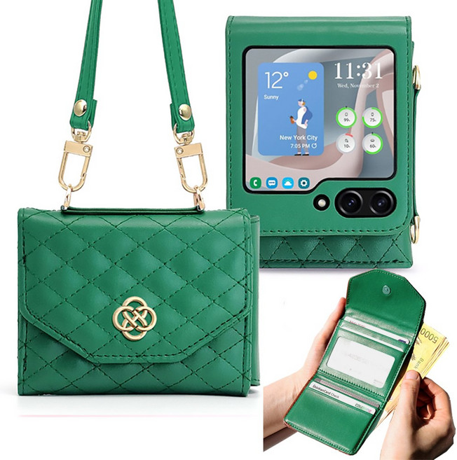 갤럭시 Z플립 카드 현금 수납 가죽 스트랩 퀄팅 샤르망 지갑 케이스
