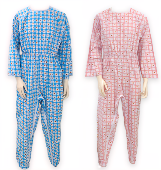 치매 우주복 치매복 병원환자복 노인요양복 어르신 일반지퍼/ 발목열쇠 턱받이증정 (네모꽃무늬)