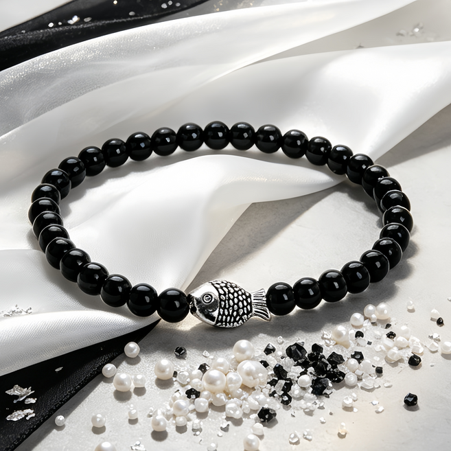 PolarAbyss 흑요석 가느다란 물고기 장식 팔찌 재물운 행운 액운차단 특5A 선물