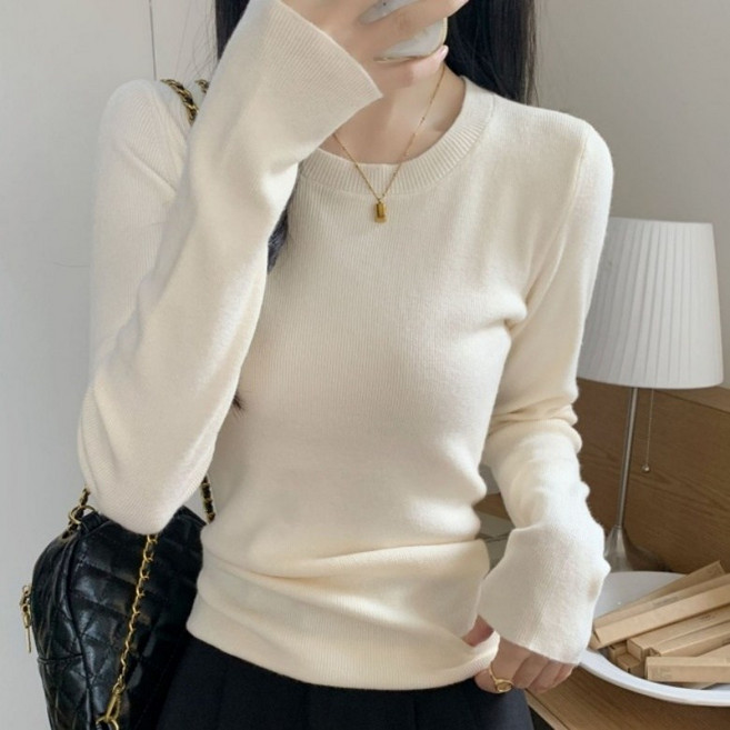 아이엠몽 여성 라운드넥 슬림핏 골지 긴팔 니트 티셔츠