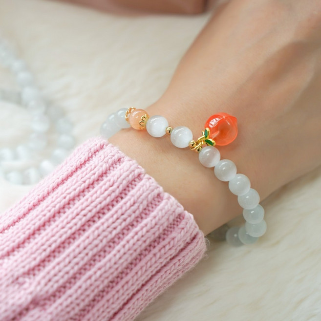 복숭아 팔찌 묘안석 마노 원석 천연석 비즈 귀여운 구슬 염주 행운 부적, 구슬장식, 1개