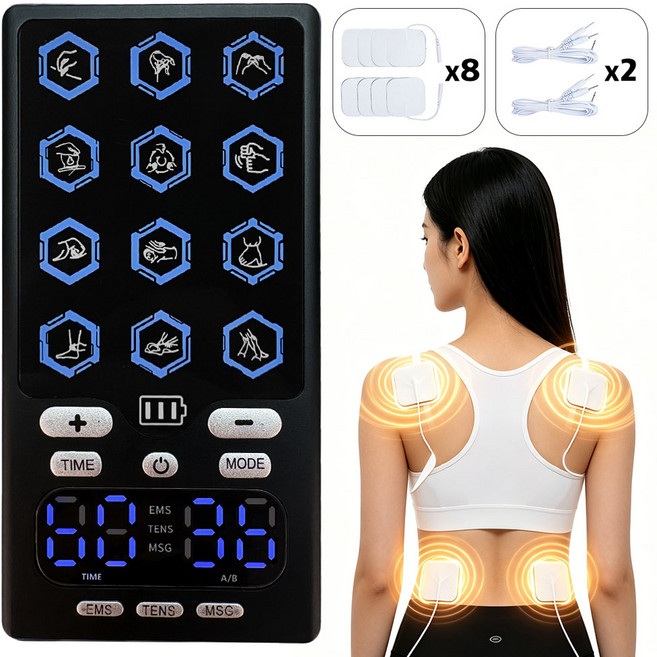 Purbliss 저주파 마사지기 무선 가정용 안마기 ems 전기 자극 듀얼 채널 12개 모드 36단 강도, 블랙, Y39