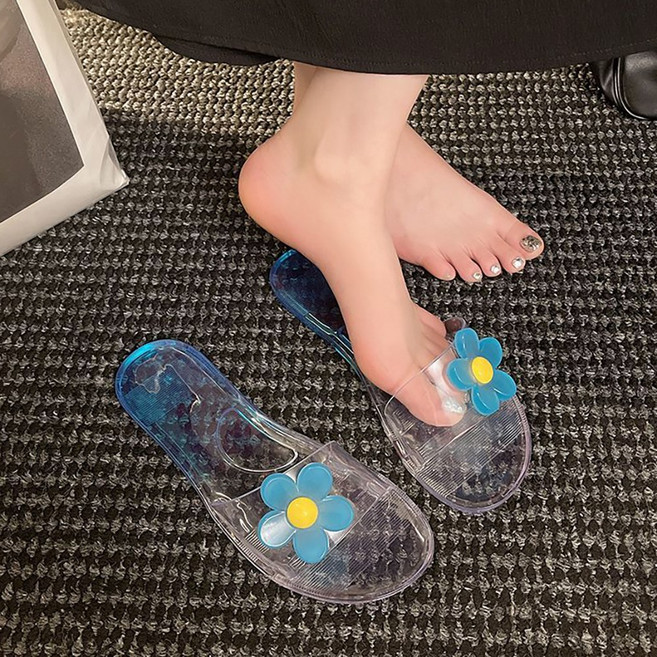 ROYALBELLE 여성 투명 젤리 슬리퍼 플랫 꽃 장식 데일리 캐주얼 가벼운 편한 여름 슬리퍼 B06032475