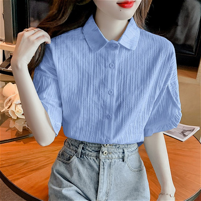 SAHINER 여성 반팔 셔츠 레이스 카라 블라우스 오피스룩 봄여름 데일리 ATX79