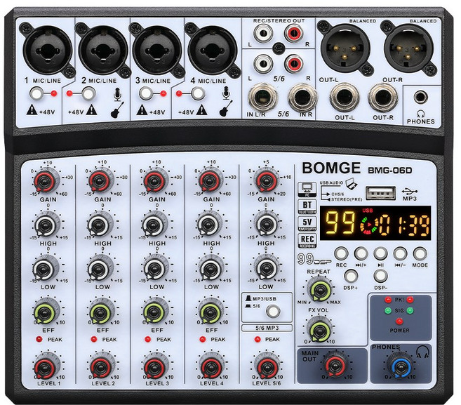 사운드카드방송장비 휴대용 6 채널 오디오 믹서 99DSP 에코 믹싱 사운드 콘솔 카드 USB 인터페이스 48V 팬텀 전원 PC MP3 DJ 녹음, 06D-black