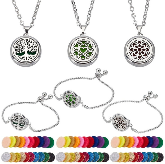 AHANDMAKER 66피스 에센셜 오일 디퓨저 목걸이 팔찌 트 3가지 스타일 스테인리스 스틸 아로마테라피 로켓 조절 가능한 리필 패드 주얼리 액서리 생일 선물 [호환]