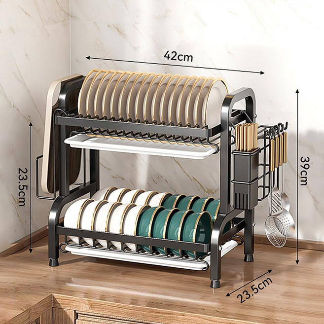 주방 자동 물빠짐 식기건조대 다용도 그릇 정리대 설거지건조대, 1세트, 블랙, 2단