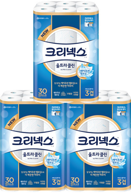 크리넥스 3겹 울트라 클린 아쿠아 프레쉬 화장지, 25m, 30개입, 3개