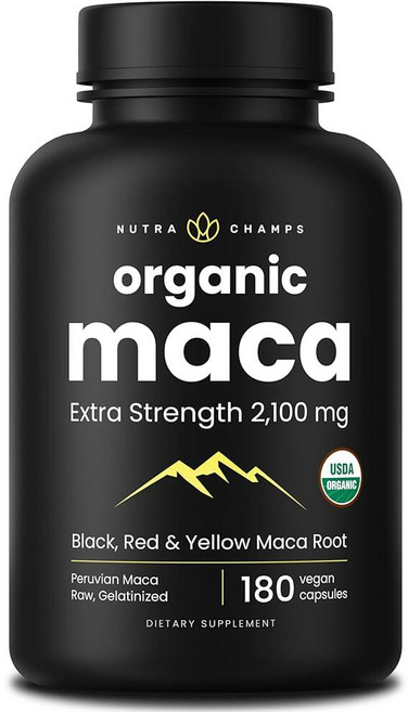 NutraChamps USDA 유기농 마카 뿌리 캡슐 여성 및 남성용 2100mg 180캡슐 블랙 레드 & 옐로우 페루 페루아나 엑스트라 스트렝스 퓨어 프리미엄 젤, 180정, 1개