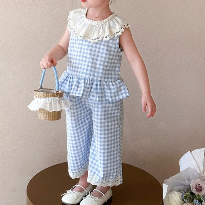 구빠방 아동 체크 프릴 레이스 민소매 나시 와이드 밴딩 바지 세트 투피스