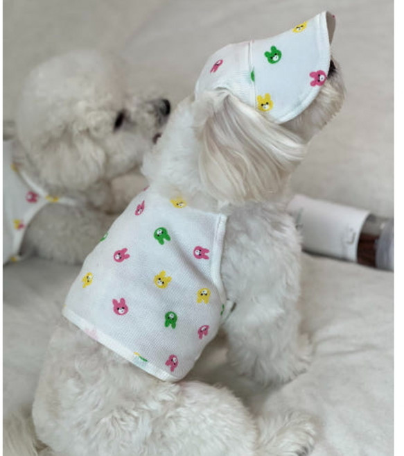 [핸드메이드] 토끼 친구들 나시 롱 / 강아지나시 여름옷 민소매 모자세트 썬캡, 혼합색상, 1개