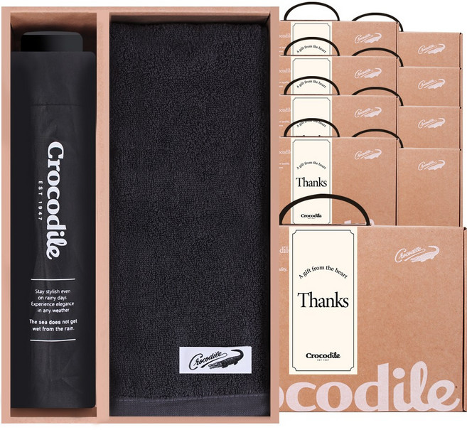 크로커다일 수동 3단 우산+30수 오코텍스 타올 선물 세트, 10세트, 블랙우산+그레이타올