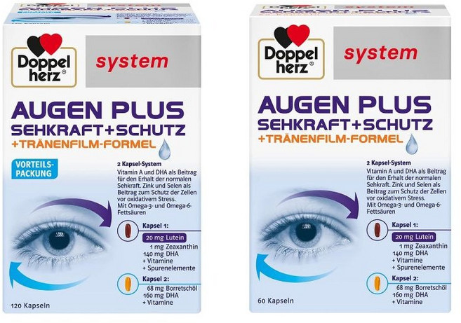 독일 내수용 도펠헤르츠 아이 플러스 비전 프로텍션 루테인 오메가3 눈 영양제 Doppelherz System Eye Plus Vision + Protection, 180정, 1개